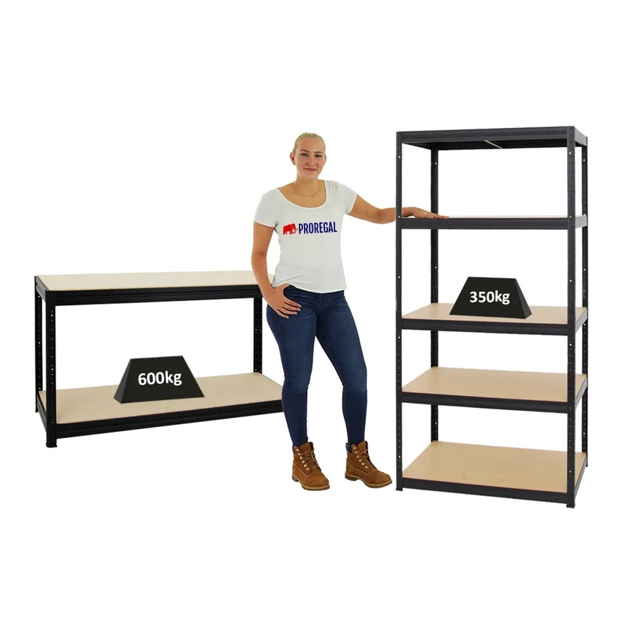 PROREGAL Set aus Schwerlastregal Slim Elephant und höhenverstellbarer Werkbank Big Dino, Schwarz, H x B x T: 180 x 90 x 60 cm und H x B x T: 90 x 160 x 60 cm - Bild 2