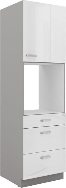 Küchen Hochschrank Bianca Weiß Hochglanz und Grau mit 3 Schubkästen, einer Tür und einem offenen Fach, Breite: 60 cm - Bild 1