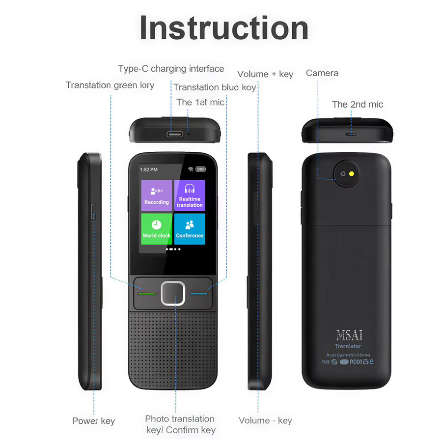 MSAI KI-Sprachübersetzungsgerät in Schwarz mit Zwei-Wege-Sprachübersetzung für 160 Sprachen, Offline-Modus, Aufnahme- und Fotoübersetzung für Reisen - Bild 7