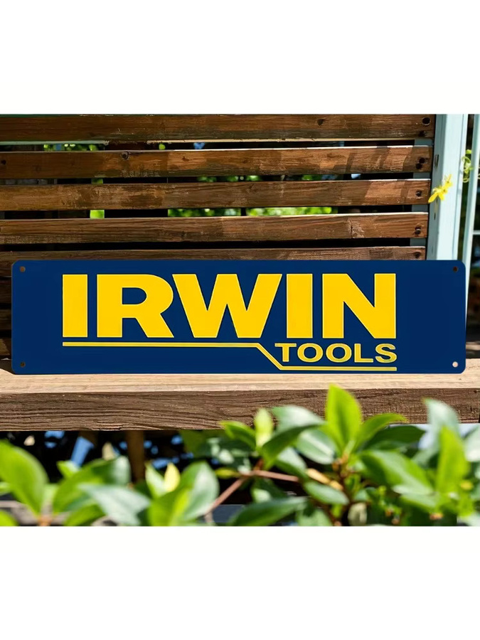 Vintage IRWIN Tools Aluminiumschild als rustikale Wanddekoration in Gelb und Blau - Bild 7