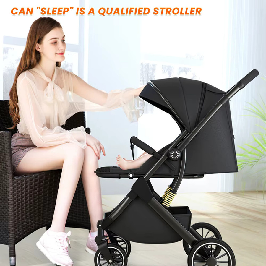 OWJHE Luxuriöser Kinderwagen in Schwarz mit Stoßdämpfung und Neugeborenen-Wippe für Neugeborene - Bild 2