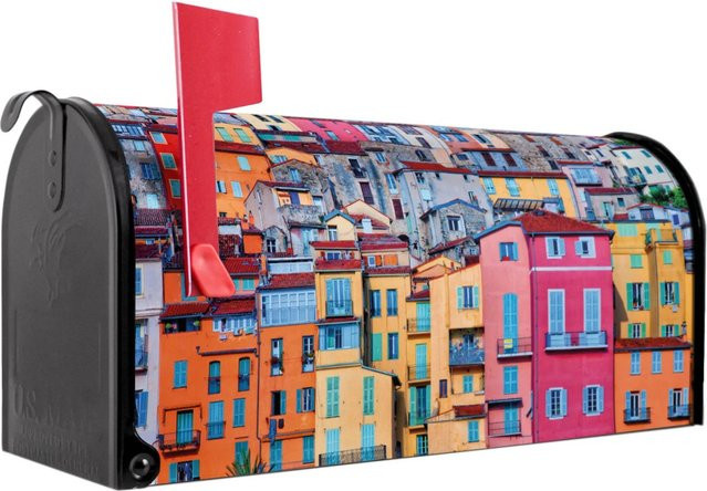 Banjado Amerikanischer Briefkasten in Schwarz mit Häuserberg-Motiv aus pulverbeschichtetem Stahl, B/T/H: 48 x 22 x 16 cm - Bild 1