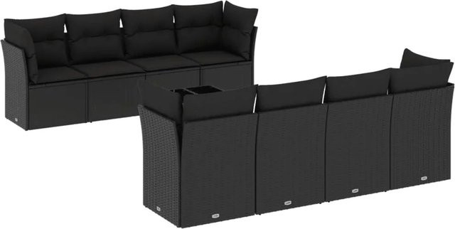 vidaXL 9-tlg Garten-Sofagarnitur aus Polyrattan in Schwarz mit Tisch und Kissen, L-Form - Bild 1