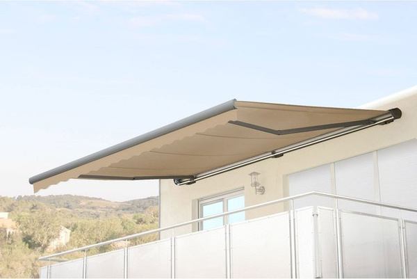 Elektrische Kassetten-Markise MCW H123 mit Volant aus Polyester in Creme und Grau, B/T: 4,5 x 3 m