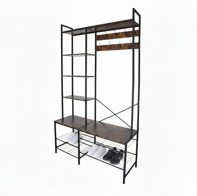 Relaxdays Garderobe mit Sitzbank im Industrial Design, Schwarz und Dunkelbraun, H: 190 cm, B: 120 cm, T: 40 cm - Bild 1