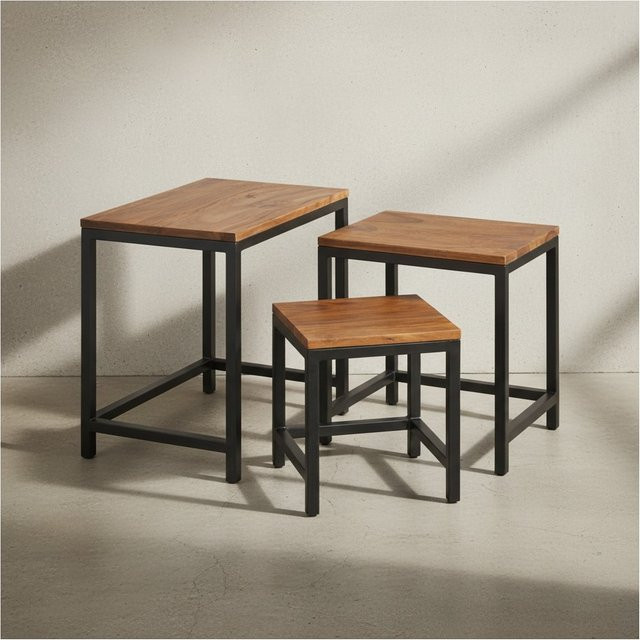 KADIMA DESIGN 3er Set Beistelltische aus Sheesham-Massivholz und Metall in Braun mit quadratischen Nesting-Tops - Bild 1