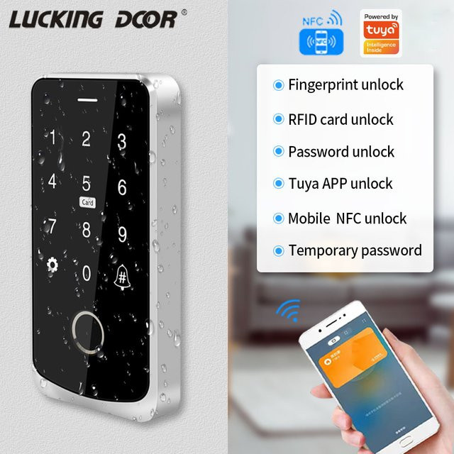 LUCKING DOOR Zugangskontrollsystem in Schwarz mit Tuya App, NFC, Bluetooth, RFID, IC, Fingerabdruck und hintergrundbeleuchtetem Touchscreen, IP65 wasserdicht - Bild 1