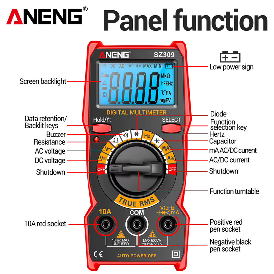 ANENG SZ309 Digitales Multimeter Professioneller Tester Spannungs- und Strommessgerät mit Hintergrundbeleuchtung in Rot - Bild 6