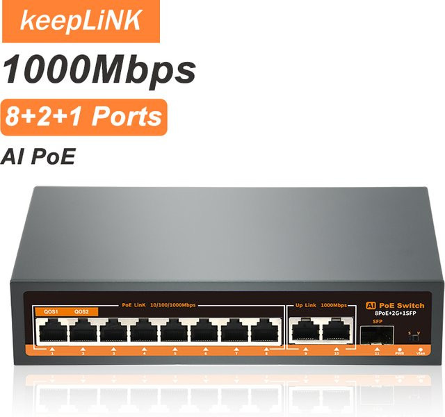 KeepLiNK 11-Port Full-Gigabit Unmanaged Ethernet-Switch mit 8 PoE+ Ports und 2 RJ45 sowie 1 SFP Uplink in Schwarz - Bild 1