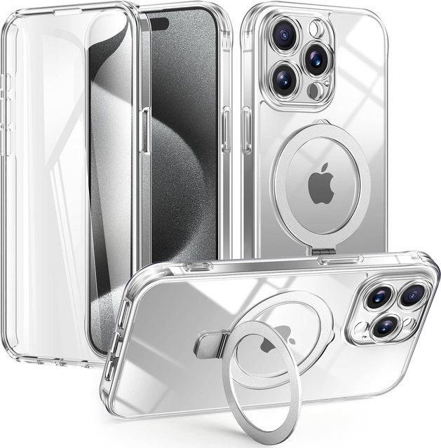 Transparente Schutzhülle für Apple iPhone 16 15 14 13 Pro Max und Plus mit integriertem PET-Displayschutz, Ringhalter und Ständer - Bild 1
