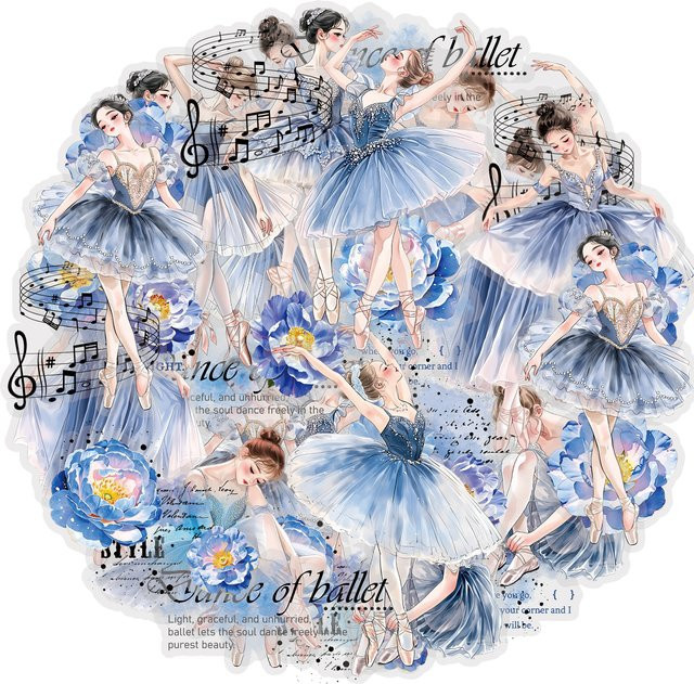 Etori Life Dekorative Aufkleber im japanischen Stil mit Ballett-Motiven, tanzenden Mädchen, Blumen und Musiknoten in Blau - Bild 1