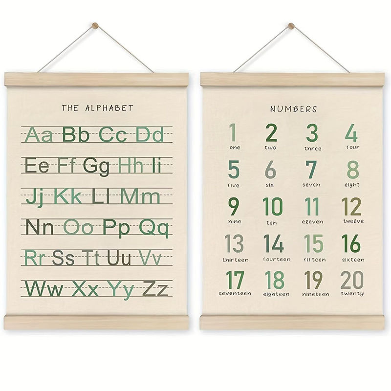 SZwatch 2er-Set Wandposter mit Alphabet und Zahlen in Holzrahmen, Weiß, Typografie-Deko für Kinder und Klassenzimmer - Bild 2