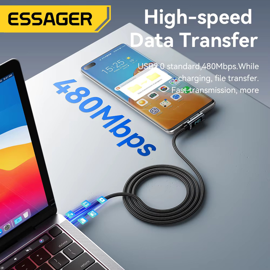 Essager 240W Typ-C-zu-Typ-C-Schnellladekabel mit 90-Grad-Winkel und Digitalanzeige für iPhone, MacBook Pro und Xiaomi, USB-C Kabel in Schwarz oder Grau - Bild 6