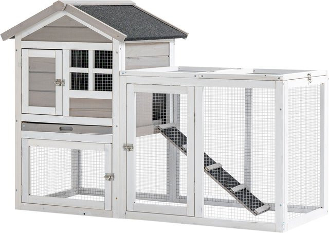 Aosom PawHut Kaninchenstall Hütte mit Außengehege und Rampe, Fichtenholz in Weiß und Grau, B: 64 cm, T: 128 cm, H: 92 cm - Bild 1