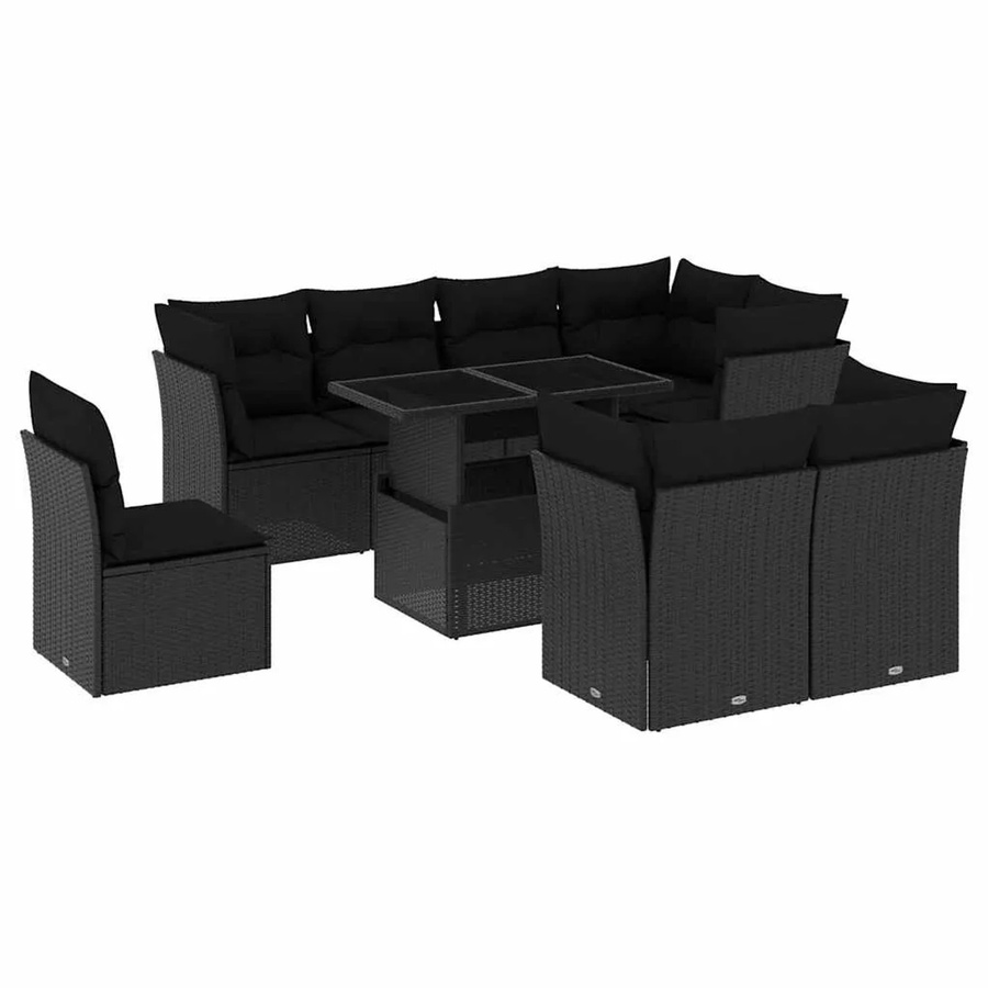 vidaXL 9-tlg Garten-Sofagarnitur in L-Form aus Poly Rattan und Metall mit Kissen in Schwarz - Bild 2