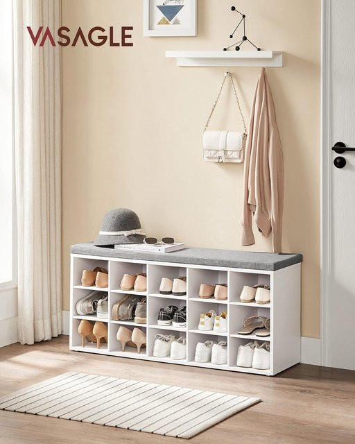 VASAGLE Schuhbank mit Sitzkissen und Schuhregal, Weiß-Grau, B/T/H: 105 x 30 x 48 cm - Bild 1