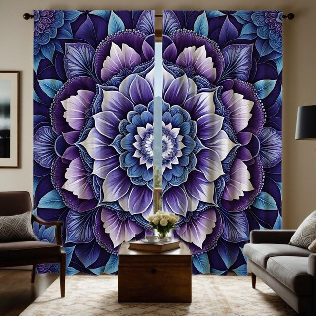 2er-Set dekorative Vorhänge mit Mandala-Blumenmuster in Lila und Grau, digital bedruckt, B: 132 cm, H: 160 cm - Bild 1