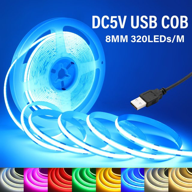 HEGEHE Ultrahelle USB-COB-LED-Streifen für TV-Hintergrundbeleuchtung, RGB, Weiß/Rot/Grün/Blau/Rosa, 2,4 m Länge, Breite: 0,8 cm - Bild 1