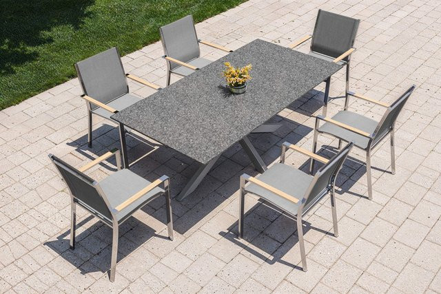 OUTFLEXX Montreal Garten-Essgruppe mit Tisch und 6 Sesseln, Anthrazit/Schwarz, Edelstahl, Textilene, Granit und Teak, B/T: 200 x 100 cm - Bild 1
