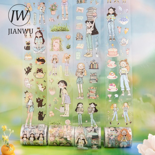 JIANWU PET Washi Tape Jinxiaojiu und Nuonuo Serie mit Kawaii Mädchen und Katzen Motiven, Mehrfarbig, Breite: 5 cm, Länge: 200 cm - Bild 1