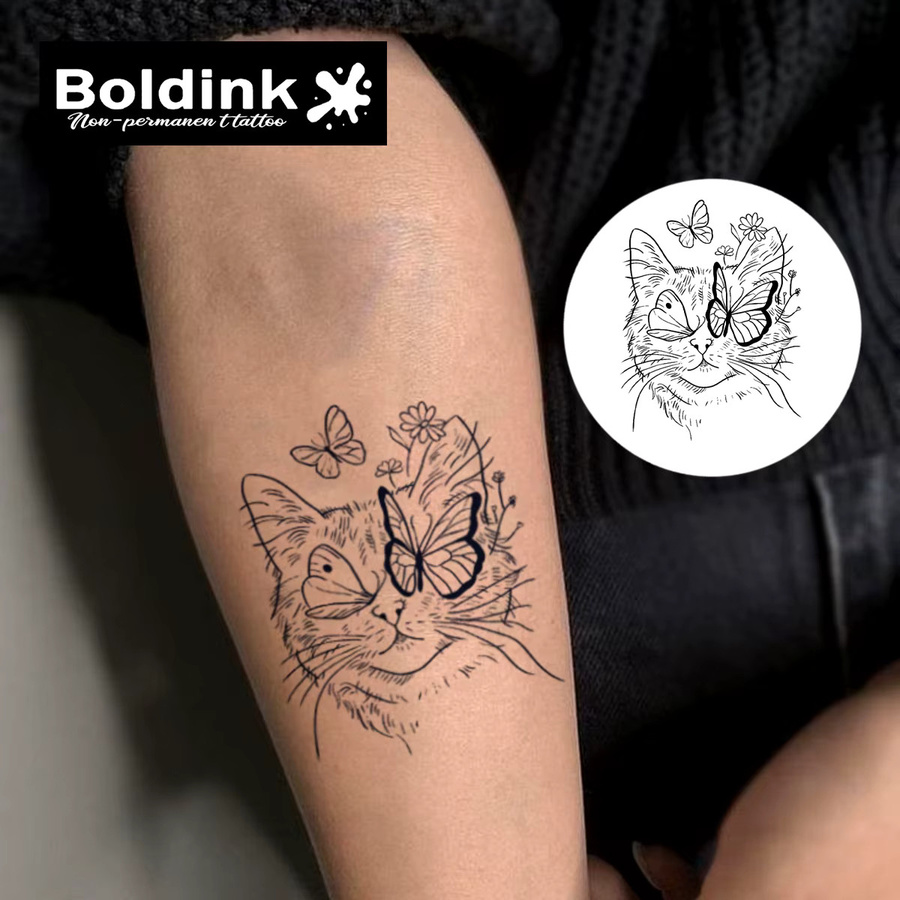 Boldink Temporäres Tattoo, Skurrile Katze und Schmetterlinge, Wasserfest - Bild 2