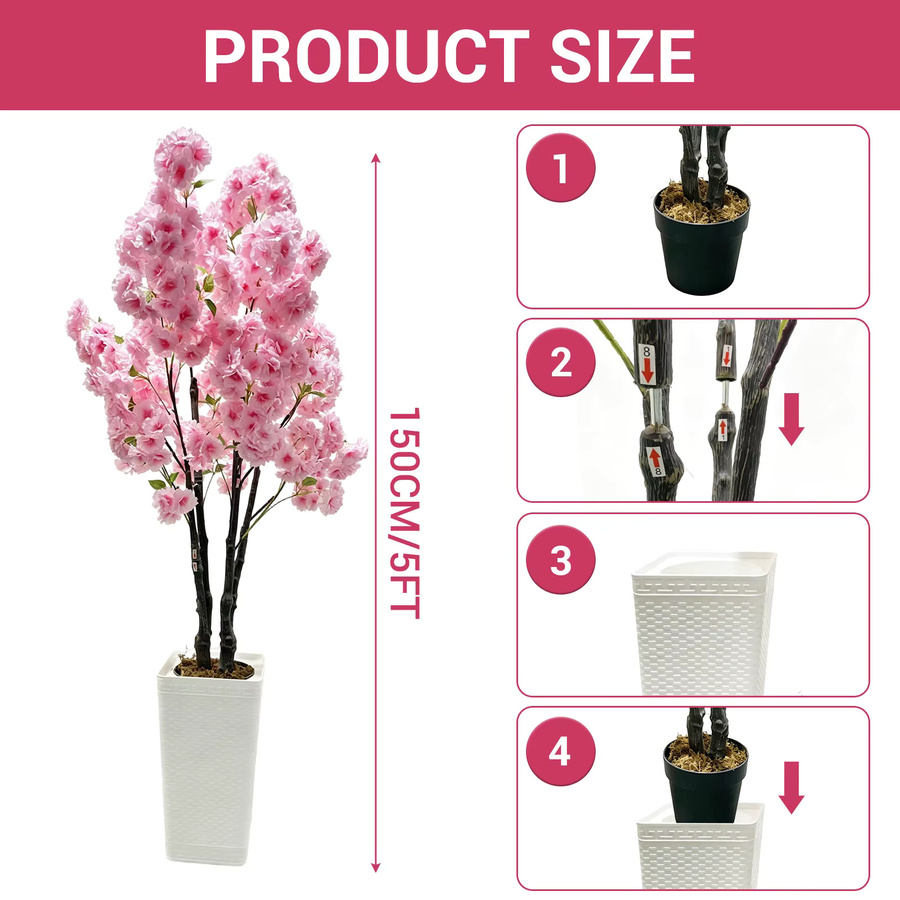Studyset Künstlicher Kirschblütenbaum in Pink als dekorative Sakura-Topfpflanze für Innenbereich, Hochzeit und Party - Bild 4