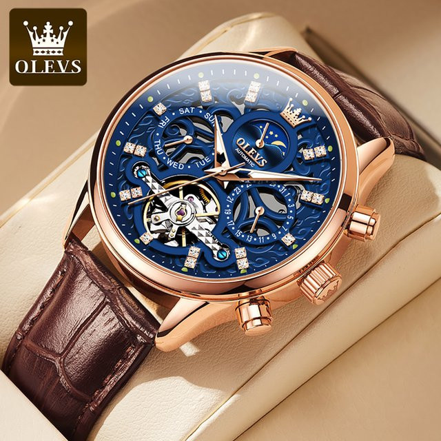 OLEVS Armbanduhr Automatik, Leder, Gold, Blau, Herren - Bild 1