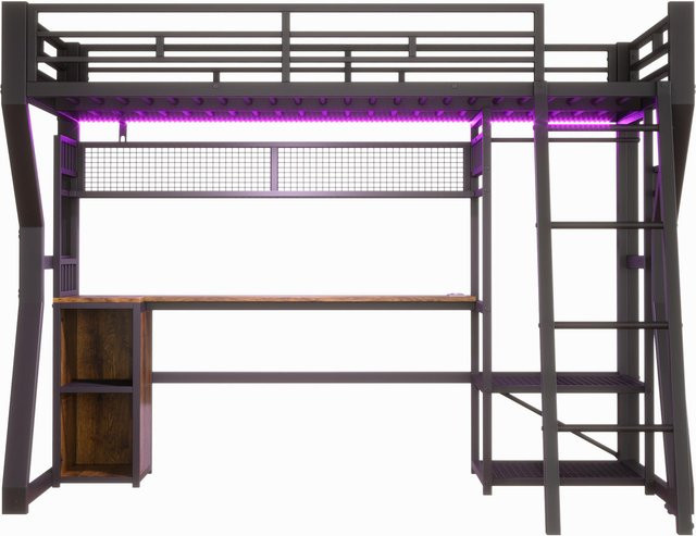 Modernes Hochbett für 90x200 cm Matratzen von WM Store DE in Schwarz mit Staufächern und USB-Ladeport, B/T/H: 204 x 131,5 x 180 cm - Bild 1