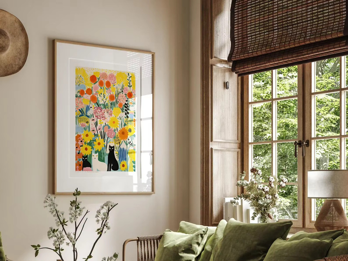 SHENCHEN Wandkunst Gelbe Katze im Garten als Giclée-Druck auf Leinwand mit Blumenmotiv - Bild 3