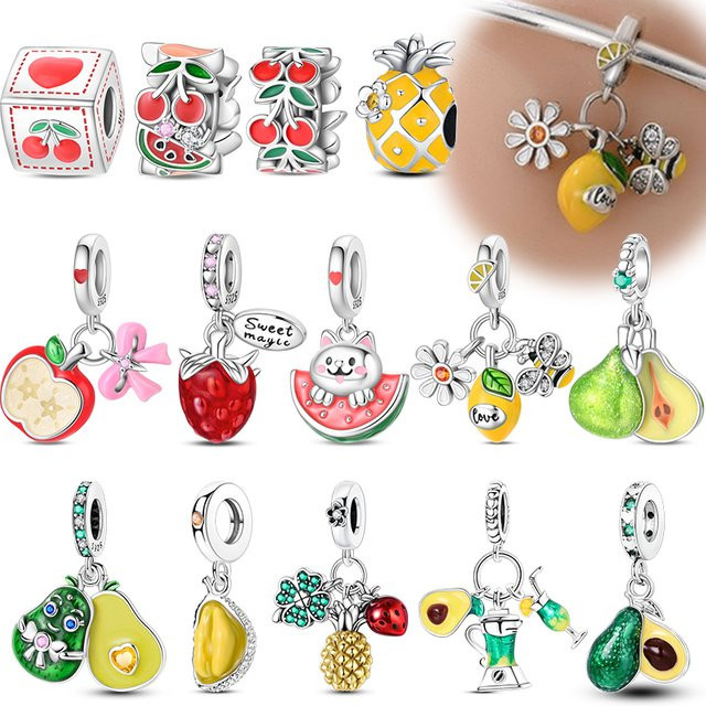 Charms Perlen Anhänger, 925 Silber, Ananas Kirsche Avocado Zitrone, Unisex - Bild 1