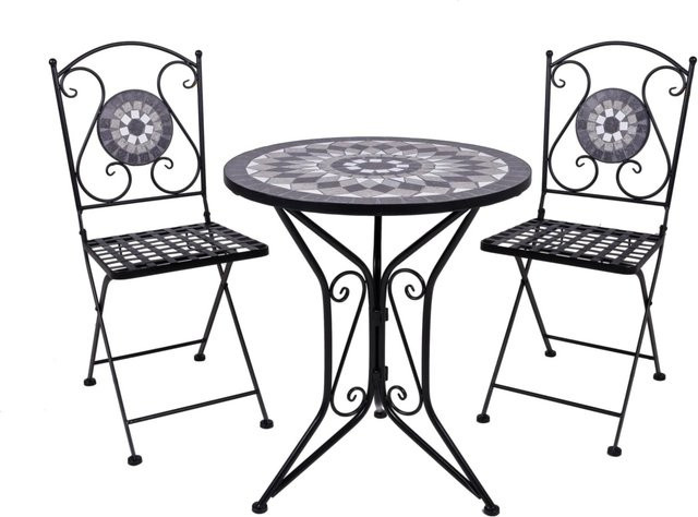 DELUKE Balkonmöbel-Set TEO 3-teilig aus Stahl und Keramik mit Mosaik-Design in Schwarz und Grau - Bild 1