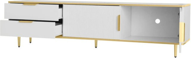 okwish TV Schrank in Weiß mit geschnitzter Struktur, goldenen Griffen und goldenen Füßen, B/T/H: 175 x 37 x 45 cm - Bild 1