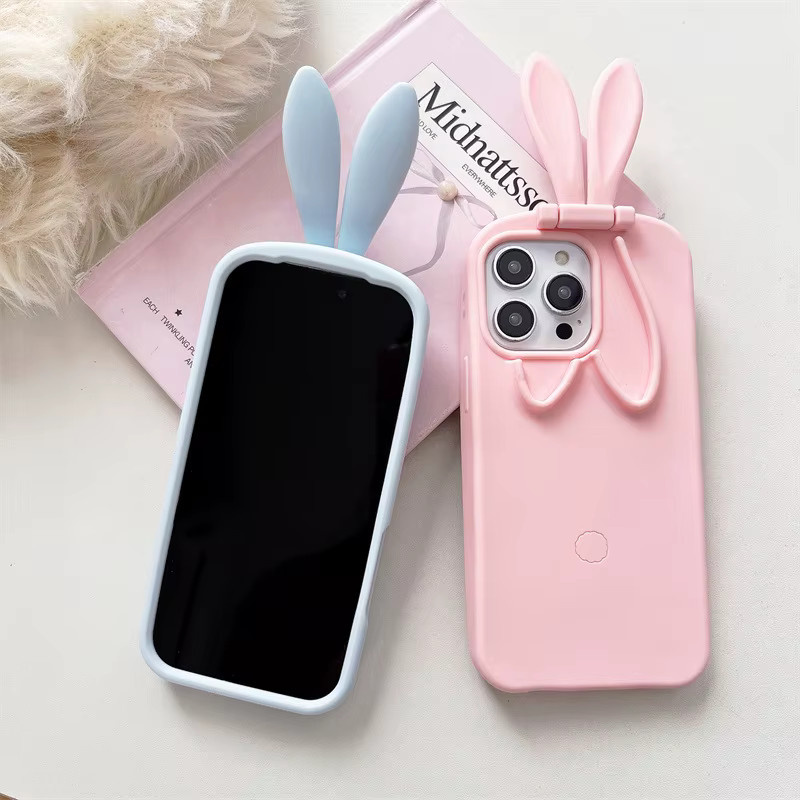 MUQGEW Silikon Handyhülle mit 3D-Cartoon-Hasenohren und faltbarem Ständer für iPhone 17, 16, 15, 14, 13 Pro Max in Pink - Bild 2