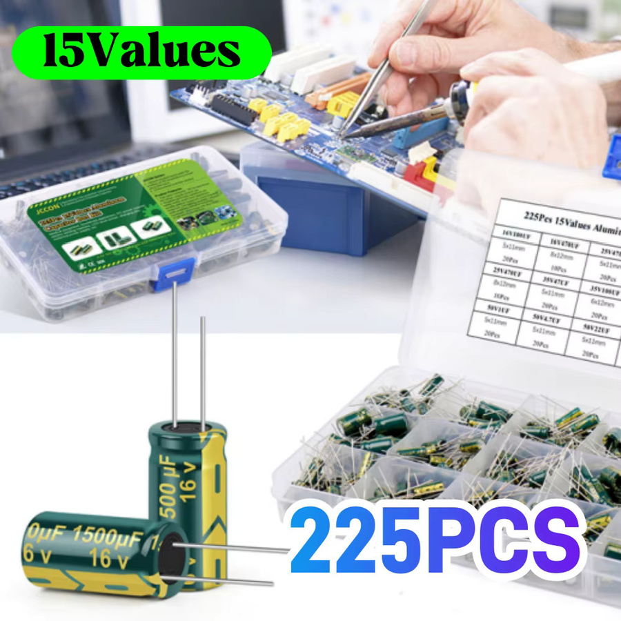 ALLOET 225-teiliges Aluminium-Elektrolytkondensator-Set mit 15 Werten, Hochfrequenz-Sortiment mit niedrigem ESR, multicolour - Bild 2
