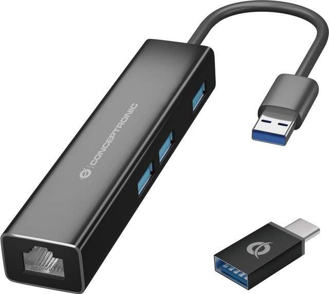 Conceptronic DONN07BA USB Hub in Schwarz mit 3 x SuperSpeed USB 3.0 und 1 x Gigabit Ethernet LAN für Desktop - Bild 1