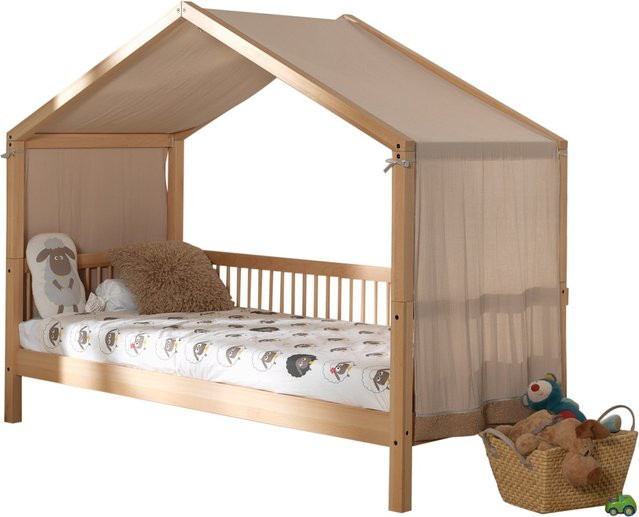 FAGUS Hausbett aus massiver Buche mit Textilhimmel und Lattenrost, Farbe Braun, Liegefläche B: 90 cm, L: 200 cm - Bild 1