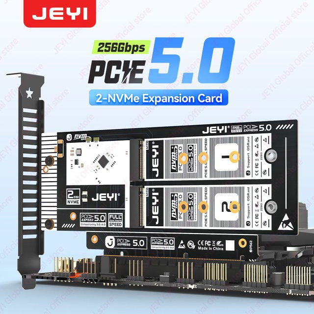 JEYI Dual M.2 NVMe zu PCIe 5.0 Erweiterungskarte in Schwarz mit 256 Gbit/s, unterstützt X8/X16-Steckplätze für 2280/2260/2242/2230 NVMe SSDs und Soft-RAID-Unterstützung - Bild 1