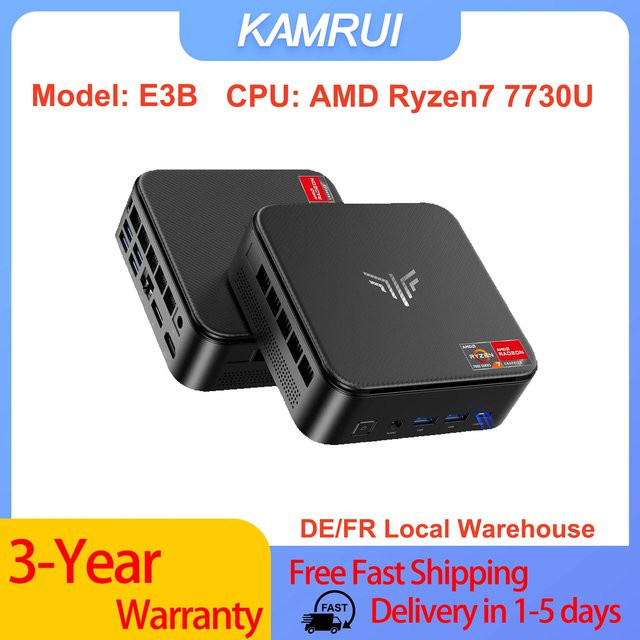 KAMRUI E3B Mini-PC mit AMD Ryzen 7 7730U, 16GB RAM, 512GB SSD, Windows 11 Pro, Schwarz - Bild 1