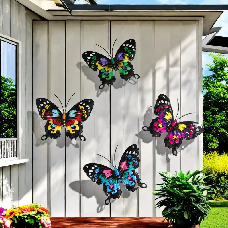 CH CACILLO Schmetterling Wandkunst aus Metall im 4er-Set, Mehrfarbige Dekoration für Garten und Zaun - Bild 2