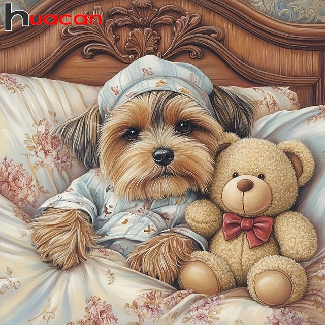 Huacan Diamantmalerei Hund Teddybär 5D DIY Set mit runden Diamanten in Multicolour, B/H: 20 x 20 cm - Bild 1