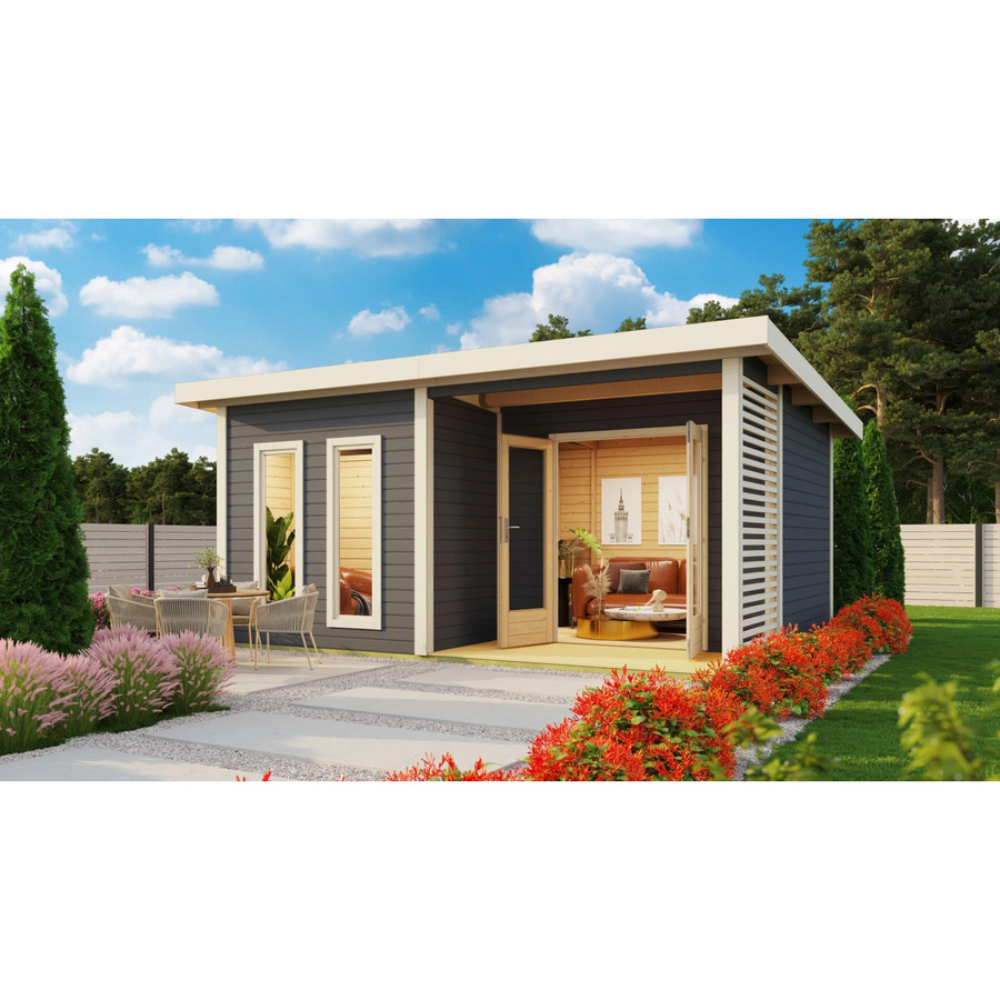 Karibu Saunahaus Magnus 5 Set in Terragrau aus nordischer Fichte mit 9 kW Bio-Ofen und externer Steuerung - Bild 2