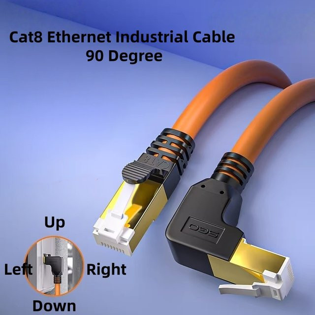 HEDANP Cat8 Ethernet LAN Industrie-Kabel mit 90-Grad-RJ45-Winkelstecker in Orange, L-förmig, doppelt abgeschirmt, aus reinem Kupfer, 26 AWG - Bild 1