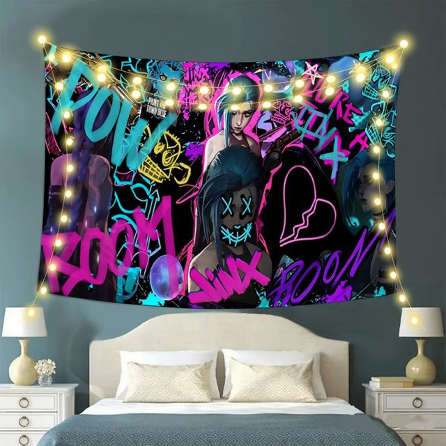 VIKAMA League of Legends Jinx Wandteppich im Neon-Graffiti-Cyberpunk-Stil, Mehrfarbiger Wandbehang für dein Gaming-Zimmer - Bild 1