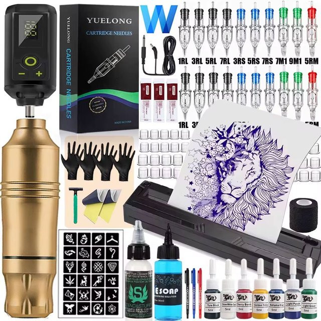 YUELONG Kabelloses Tattoo-Set, Rotary-Tattoo-Maschine, Patronennadeln, Tinte - Bild 1