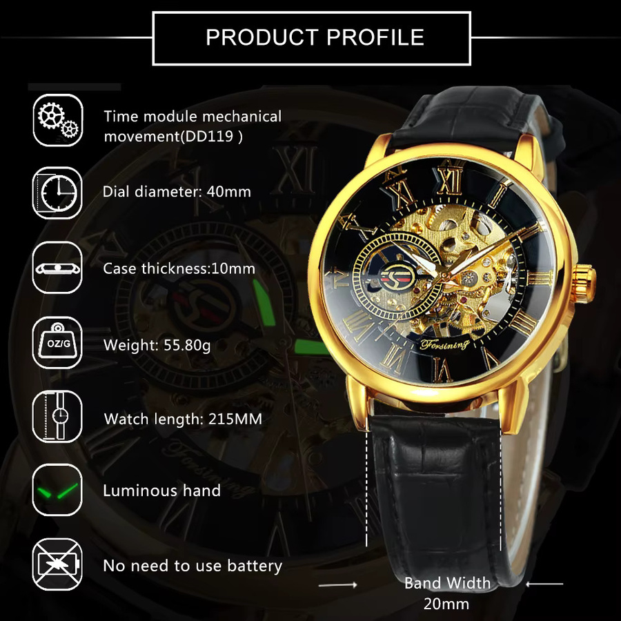 Forsining Armbanduhr, Handaufzug, Gold, Leder, Herren - Bild 6