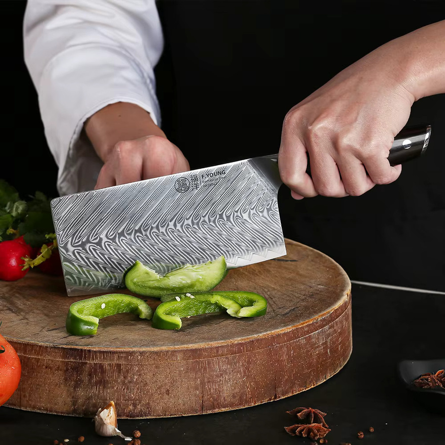 F.YOUNG Profi-Küchenmesser Damaskus-Stahl 7 Zoll Hackmesser für Fleisch und Gemüse in Silber und Braun - Bild 3