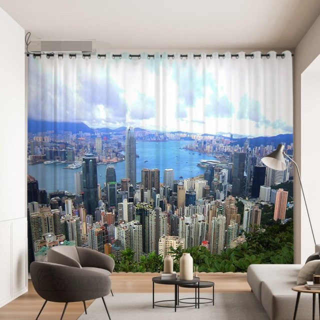 Yiran Furniture 3D Stereo Stadt Nachtansicht Vorhang mit grafischem Design in Blau, semi-transparent, B: 200 cm, H: 100 cm - Bild 1