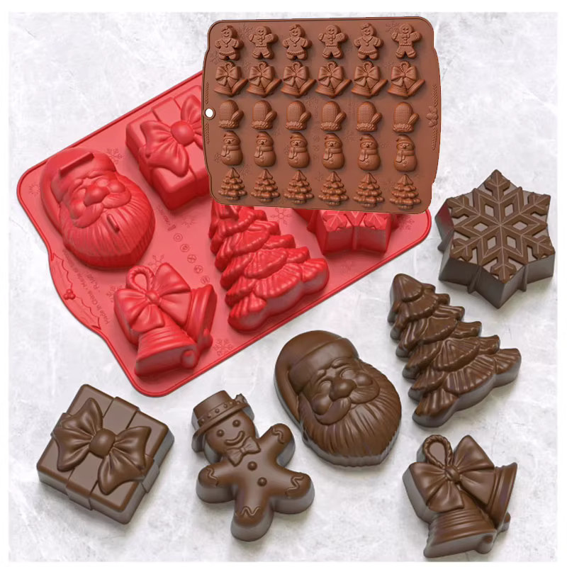Silikon-Backformen-Set für Weihnachten mit Motiven wie Weihnachtsmann, Baum und Schneeflocke in den Farben Braun und Rot für Kekse, Schokolade und Candy DIY - Bild 6