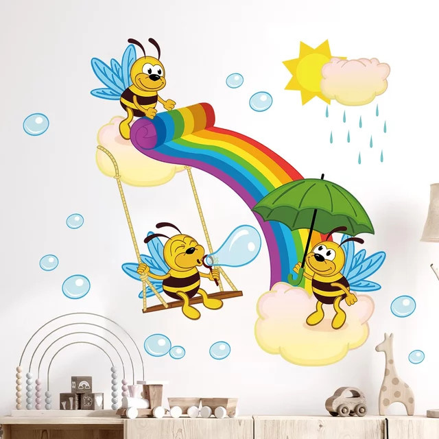 BRUP Wandaufkleber Regenbogen und Bienen Motiv für Kinderzimmer und Wohnzimmer, Mehrfarbig - Bild 1