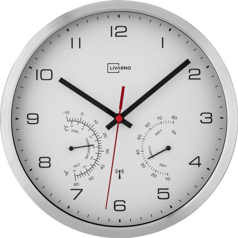 LIVARNO HOME Aluminium Funkwanduhr mit Thermometer und Hygrometer in Silber/Weiß, rund und modern - Bild 1